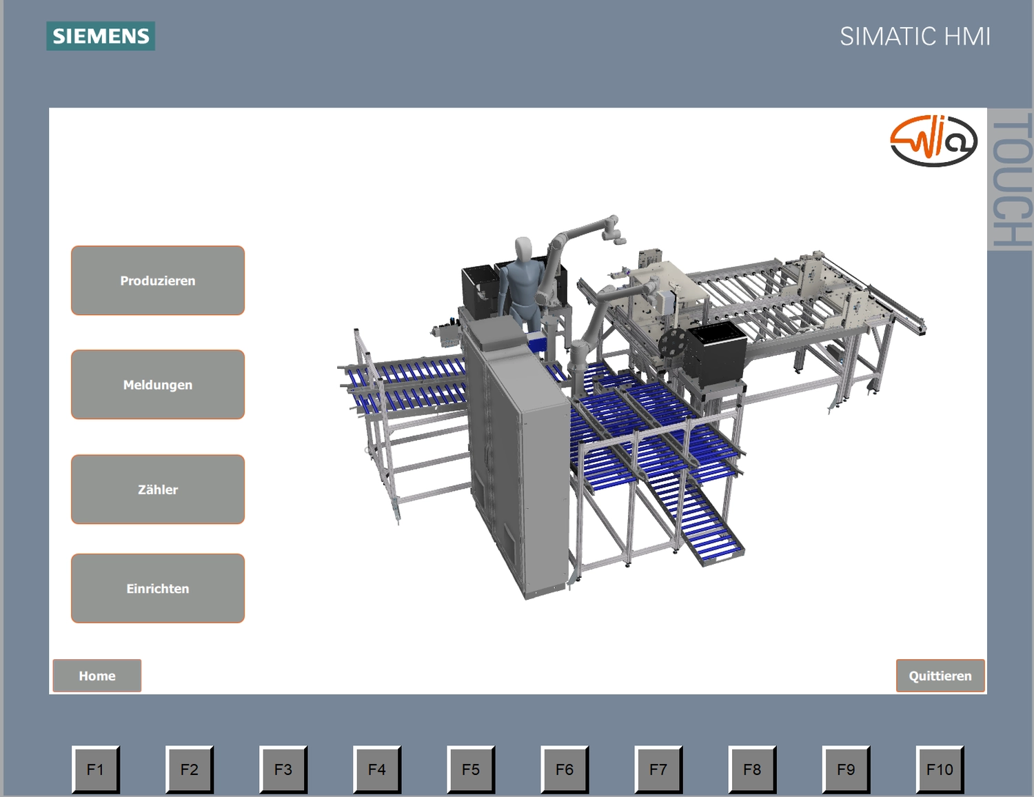 WI Automtisierungstechnik GmbH - Industrielle Automatisierung - Das Siemens SIMATIC HMI-Display (Human Machine Interface) zeigt ein 3D-Diagramm einer Industriemaschine, vermutlich einer Stickpack-Abfüllmaschine. Der Bildschirm verfügt über mehrere deutschsprachige Schaltflächen: „Produzieren“, „Melden“, „Zähler“ und „Einrichten“. Die Funktionstasten F1 bis F10 sind am unteren Rand sichtbar.