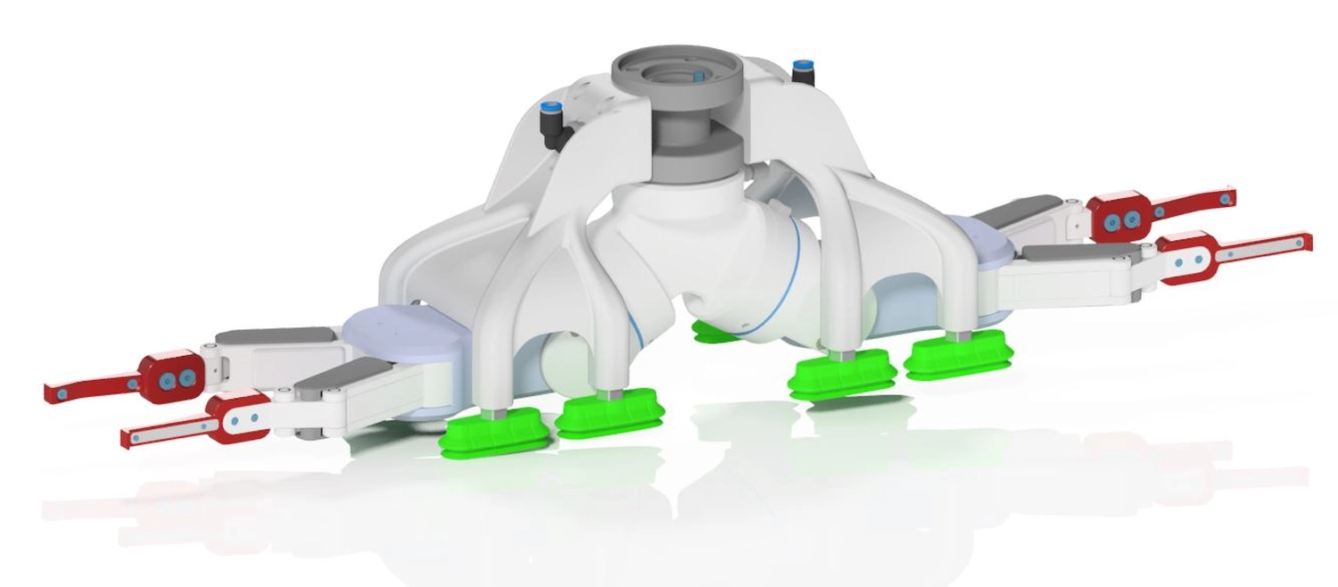 WI Automtisierungstechnik GmbH - Industrielle Automatisierung - Eine 3D-CAD-Darstellung einer komplexen weißen Roboterkomponente, möglicherweise einer Basis oder Halterung, mit grünen Kontaktpunkten und roten horizontalen Stangen.