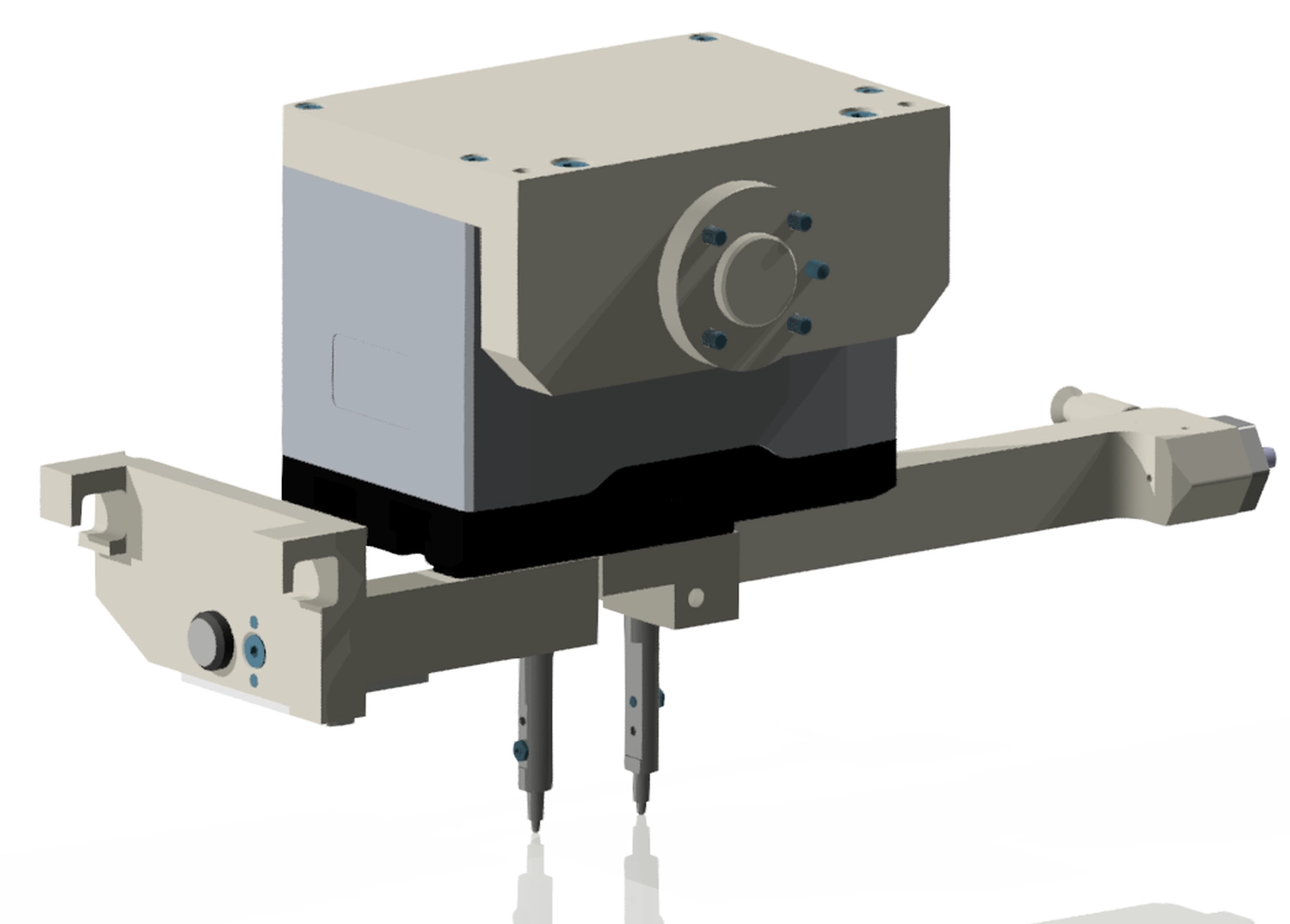 WI Automtisierungstechnik GmbH - Industrielle Automatisierung - Eine 3D-CAD-Darstellung eines Roboter-Endeffektors bzw. Werkzeugkopfes mit zwei nach unten gerichteten, spitzen Werkzeugen.