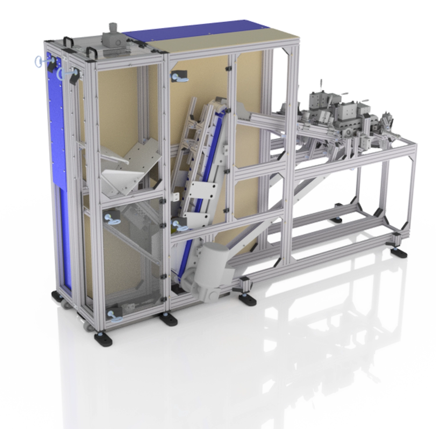 WI Automtisierungstechnik GmbH - Industrielle Automatisierung - Industriemaschine in Blau und Silber mit Fördersystem.