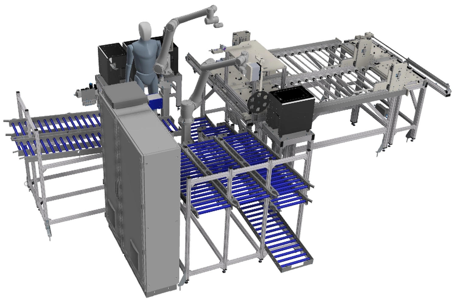 WI Automtisierungstechnik GmbH - Industrielle Automatisierung - 3D-Industrie-Automatisierungslinie für Materialhandhabung und Verpackung, wahrscheinlich ein Depalettierungs- und Fördersystem.